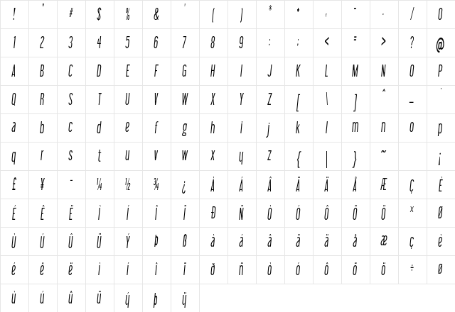 Impasto Light Extra-condensed Italic Character Map