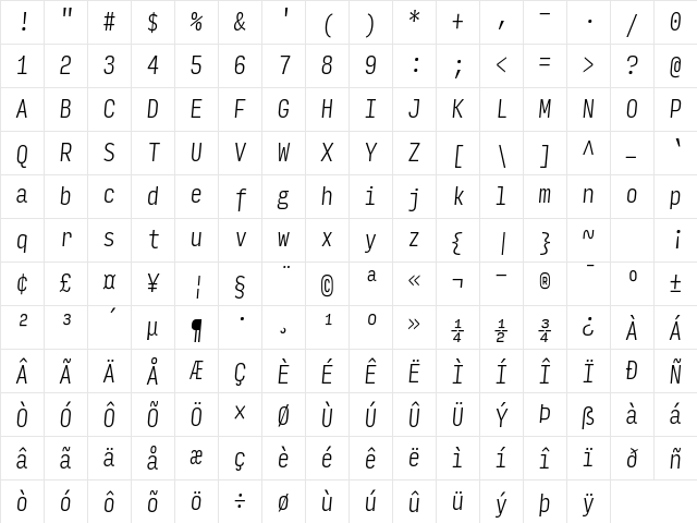 Input Mono Compressed Extra Light Italic Character Map
