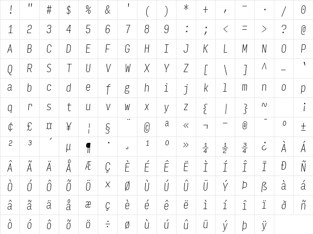 Input Mono Compressed Thin Italic Character Map