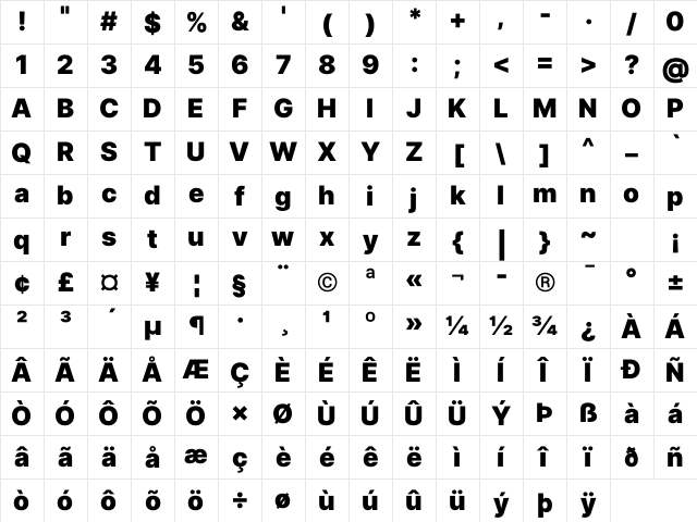 Inter Black Regular Character Map