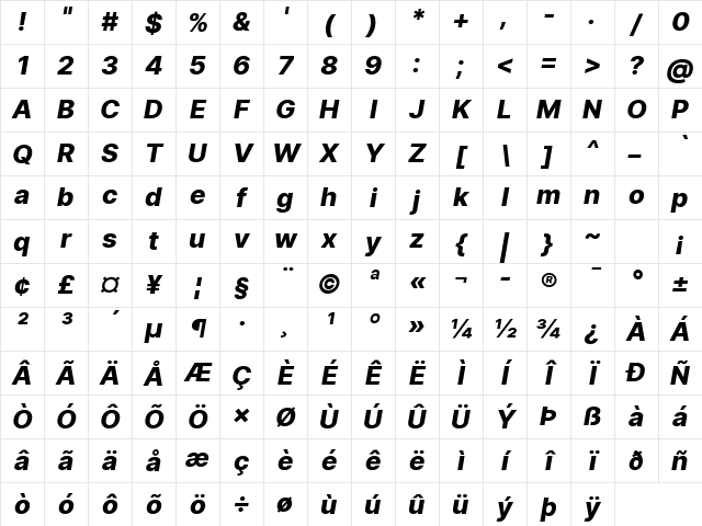 Inter Extra Bold Italic Character Map