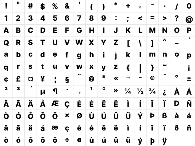 Inter Extra Bold Regular Character Map