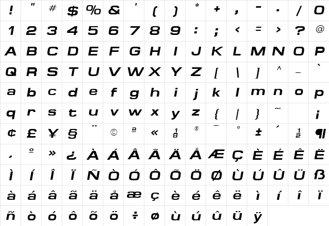 Minima Expanded SSi Bold Italic Character Map