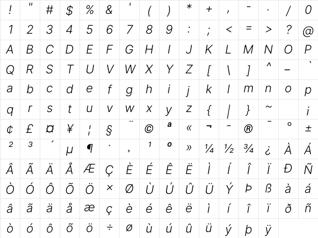 Inter Light  BETA Italic Character Map