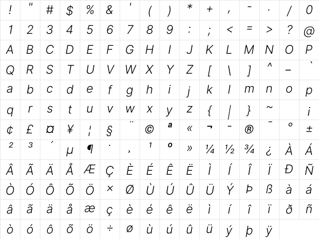 Inter Light BETA Italic Character Map Inter Light BETA Italic Character Map
