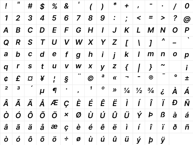 Inter Semi Bold Italic Character Map