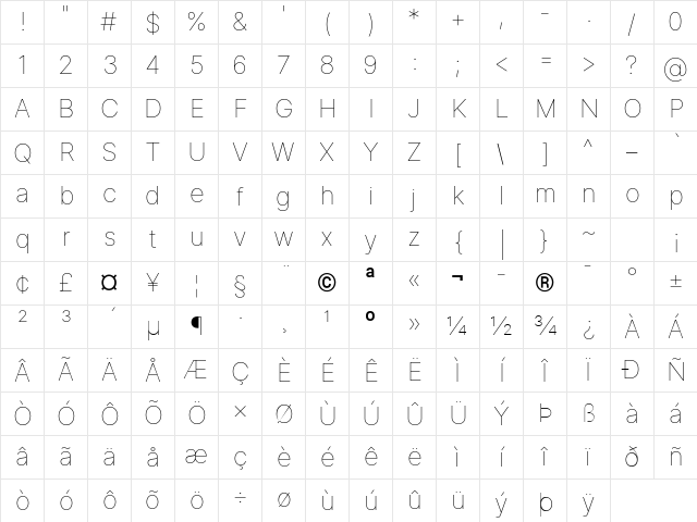 Inter Thin BETA Regular Character Map