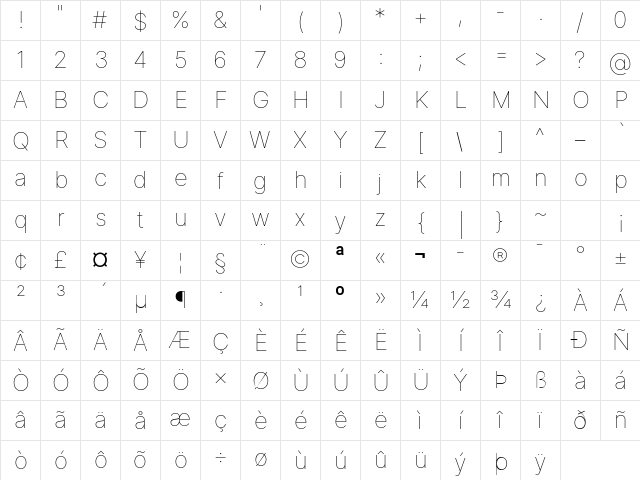 Inter Thin BETA Regular Character Map