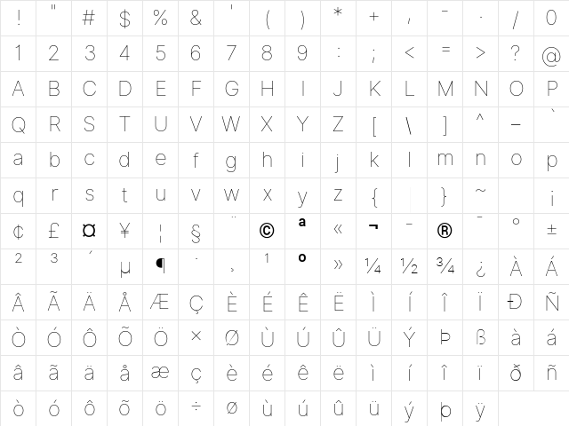 Inter Thin BETA Regular Character Map