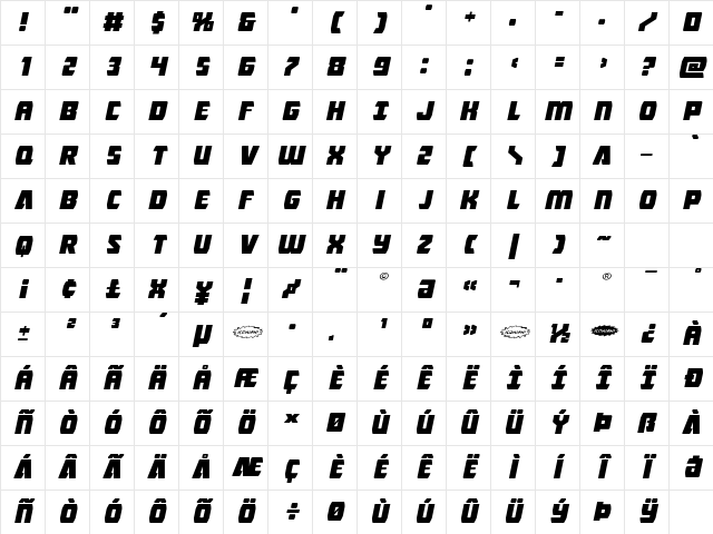 Intergalactic Expanded Italic Expanded Italic Character Map