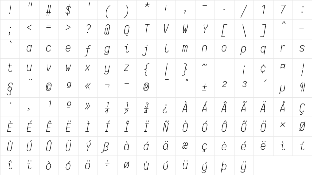 Iosevka NF Italic Character Map