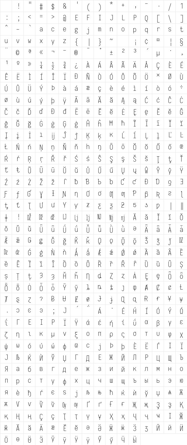 Iosevka Extralight Regular Character Map