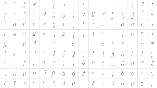 Iosevka Thin Italic Character Map