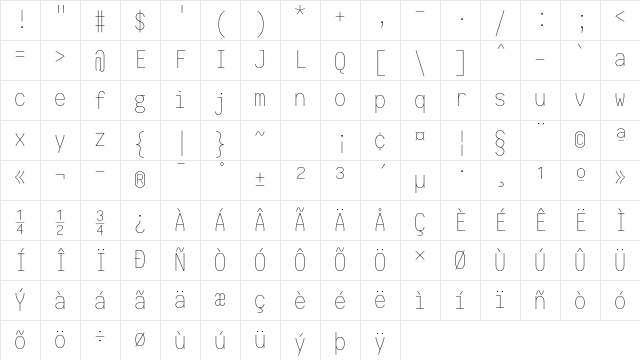 Iosevka Thin Regular Character Map