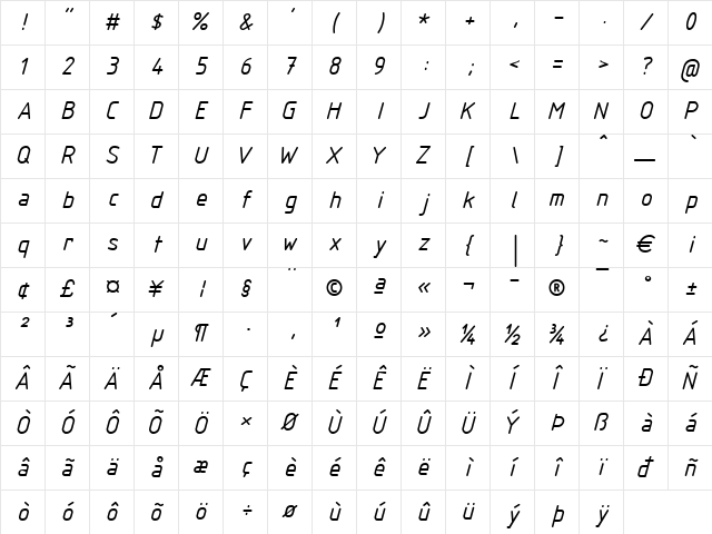 ISOCTEUR Italic Character Map