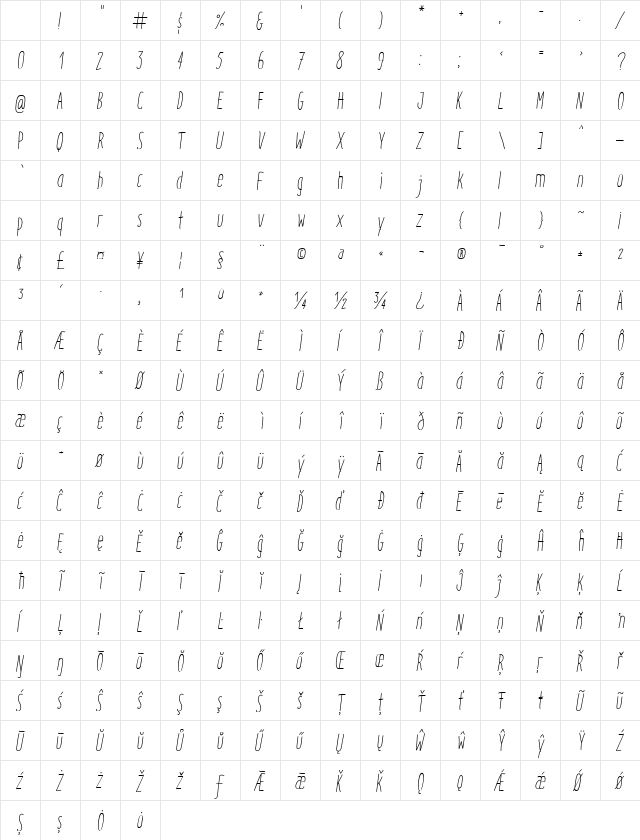 Italo Light Italic Character Map Italo Light Italic Character Map