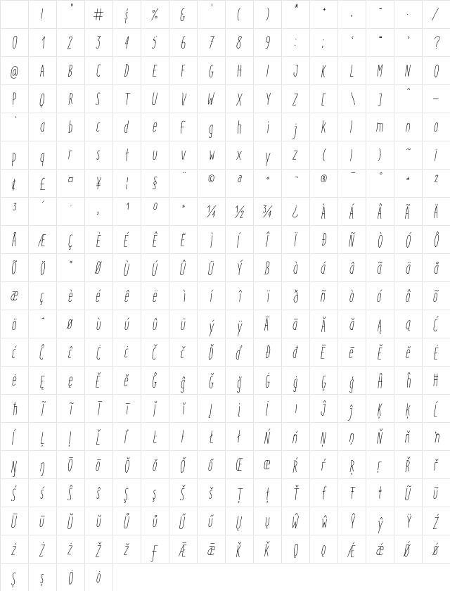 Italo Light Italic Character Map Italo Light Italic Character Map