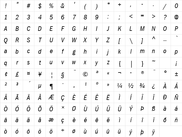 ITC Franklin Gothic LT Com Book Condensed Italic Character Map