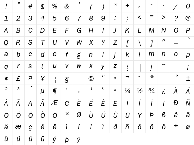 ITC Franklin Gothic LT Com Book Italic Character Map