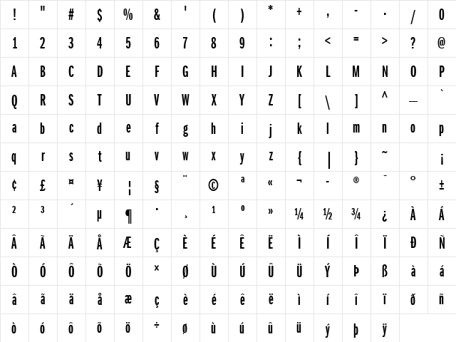 ITC Franklin Gothic LT Com Demi Extra Compressed Character Map
