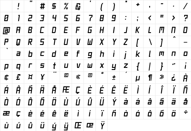 Jet Set Italic Character Map