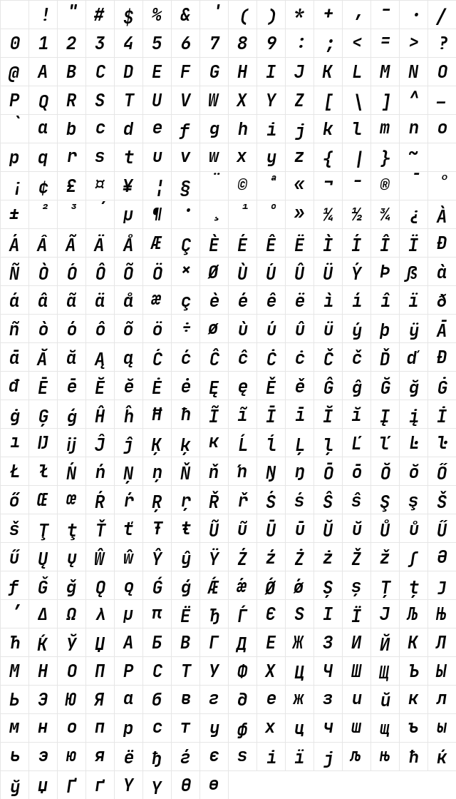 JetBrainsMono Nerd Font Mono Bold Italic Character Map