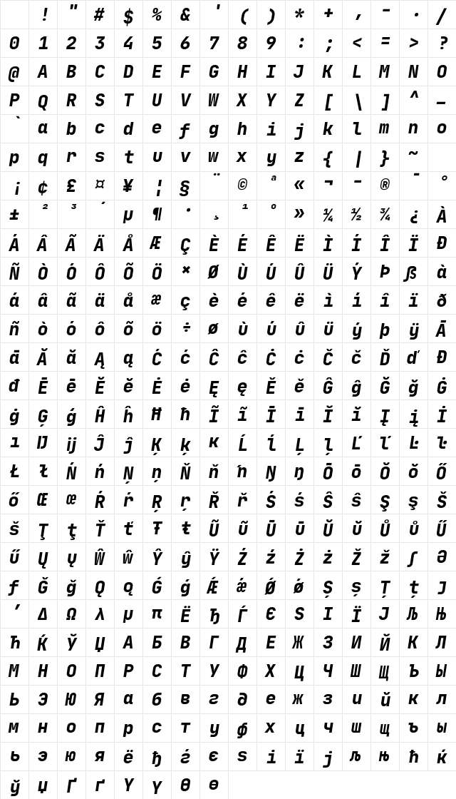 JetBrainsMono Nerd Font Mono Italic Character Map