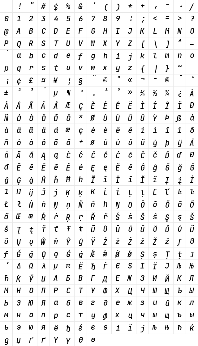 JetBrainsMono Nerd Font Mono Italic Character Map