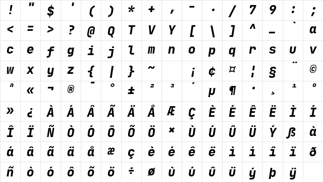 JetBrains Mono NL ExtraBold Italic Character Map
