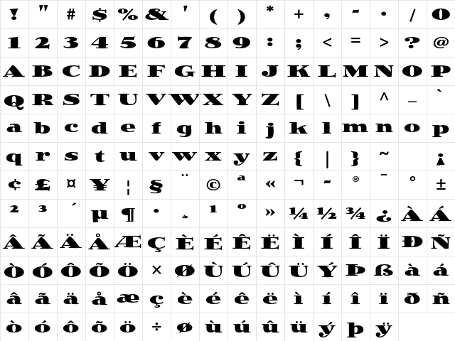 Jimbo Std Black Expanded Character Map