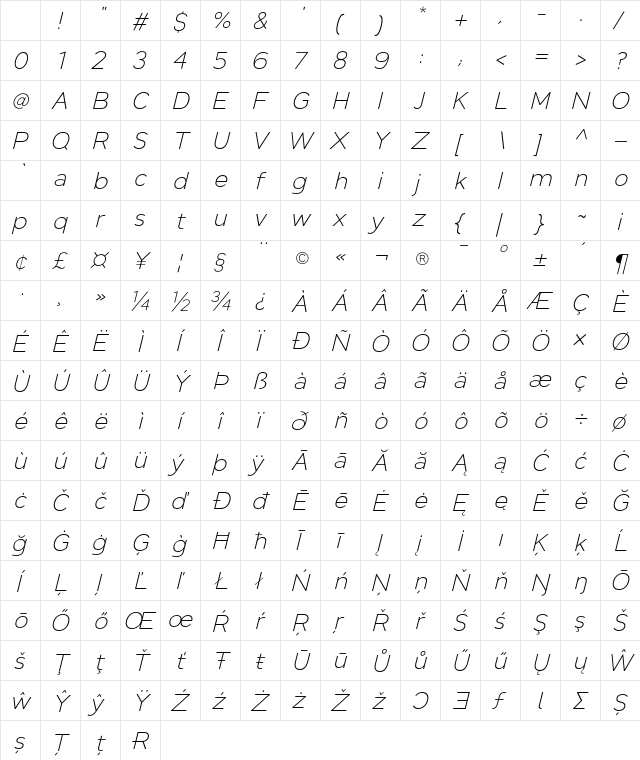 JT Leonor Light Italic Italic Character Map JT Leonor Light Italic Italic Character Map