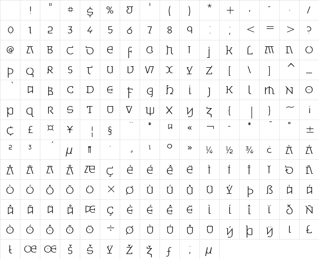 Minska ITC Light Character Map Minska ITC Light Character Map