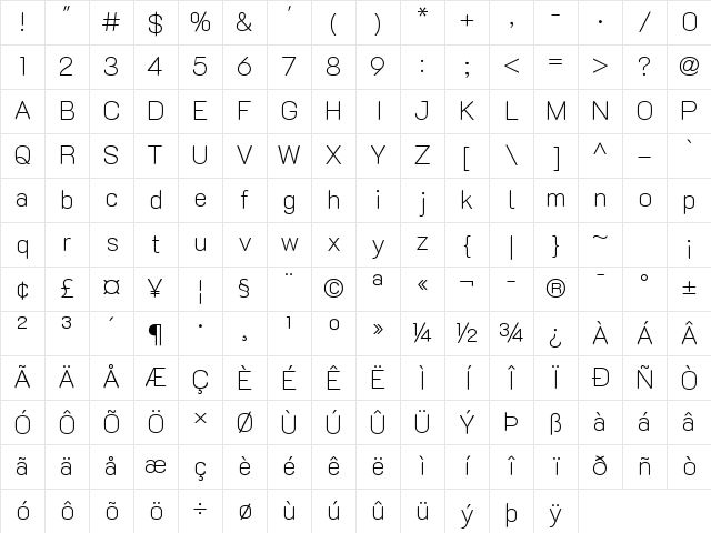 K2D Thin Character Map