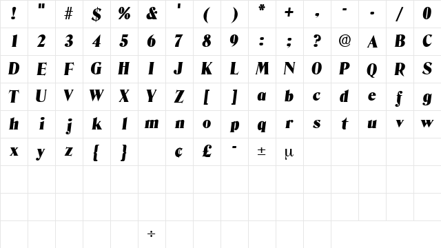 KazanDisplaySSK Italic Character Map