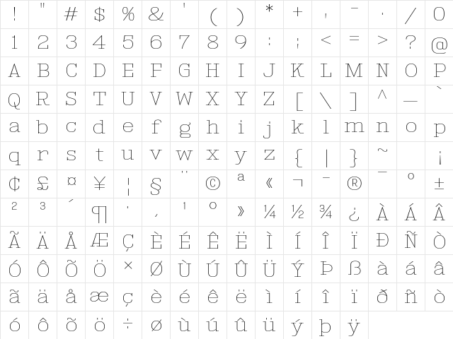 Kingsbridge Expanded UltraLight Character Map