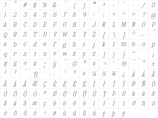 Kingsbridge SemiCondensed UltraLight Italic Character Map Kingsbridge SemiCondensed UltraLight Italic Character Map