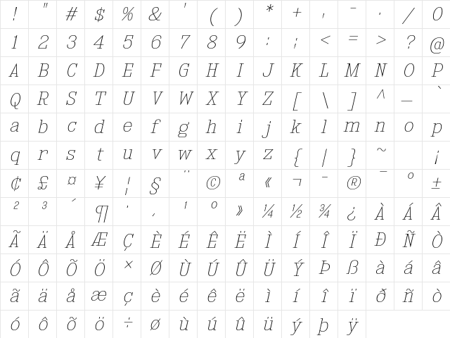 Kingsbridge UltraLight Italic Character Map Kingsbridge UltraLight Italic Character Map