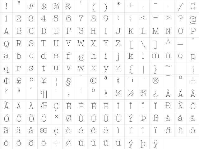 Kingsbridge UltraLight Character Map