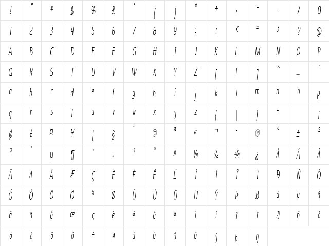 Knuckle Extra-condensed Italic Character Map