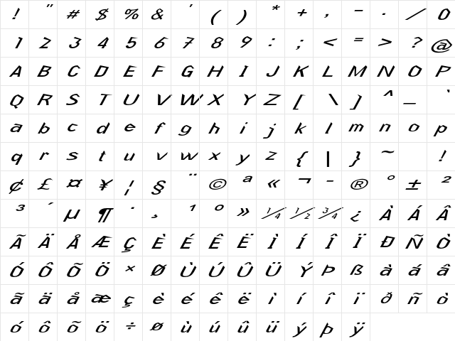 Krooked Extra-expanded Italic Character Map Krooked Extra-expanded Italic Character Map