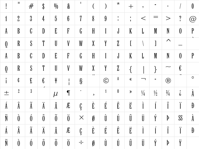 Latin XCn BT Regular Character Map