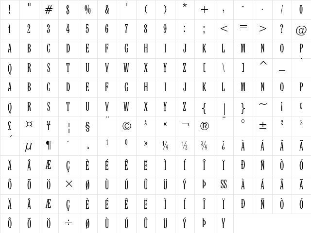 Latin Extra Condensed Regular Character Map