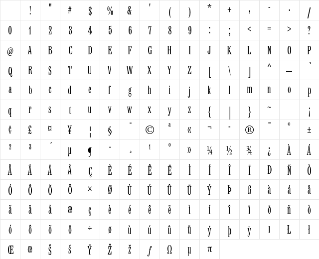 Latin MT Std Condensed Character Map Latin MT Std Condensed Character Map