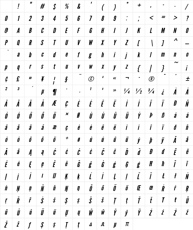 League Gothic Italic Character Map League Gothic Italic Character Map