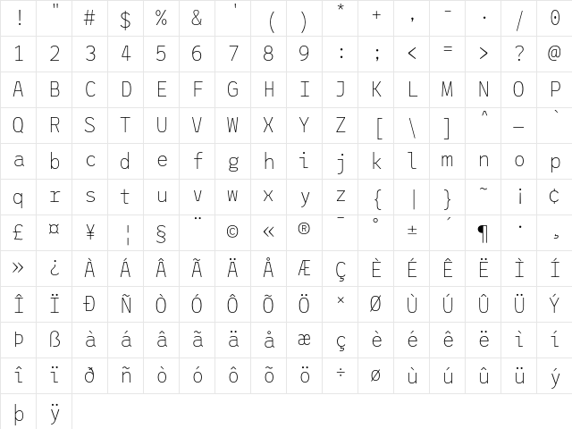 League Mono Thin Character Map