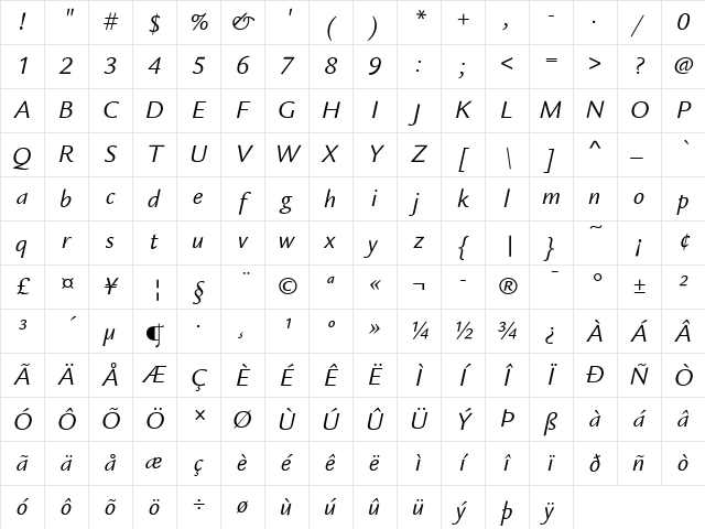 Legacy Sans ITC Book Italic Character Map