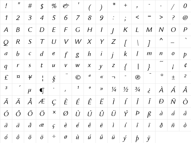 LegacySanITCBoo Italic Character Map