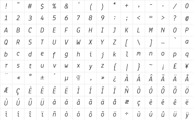 Lekton Nerd Font Italic Character Map