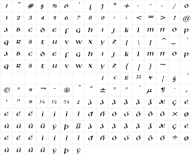 Leo-Wide Italic Character Map Leo-Wide Italic Character Map