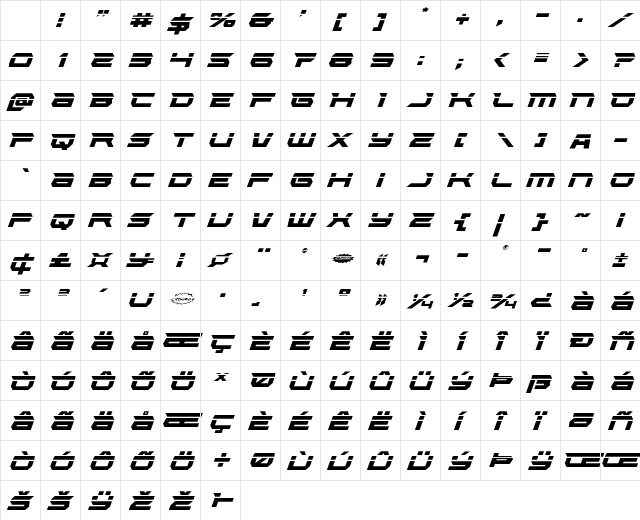 Lethal Force Laser Italic Character Map Lethal Force Laser Italic Character Map